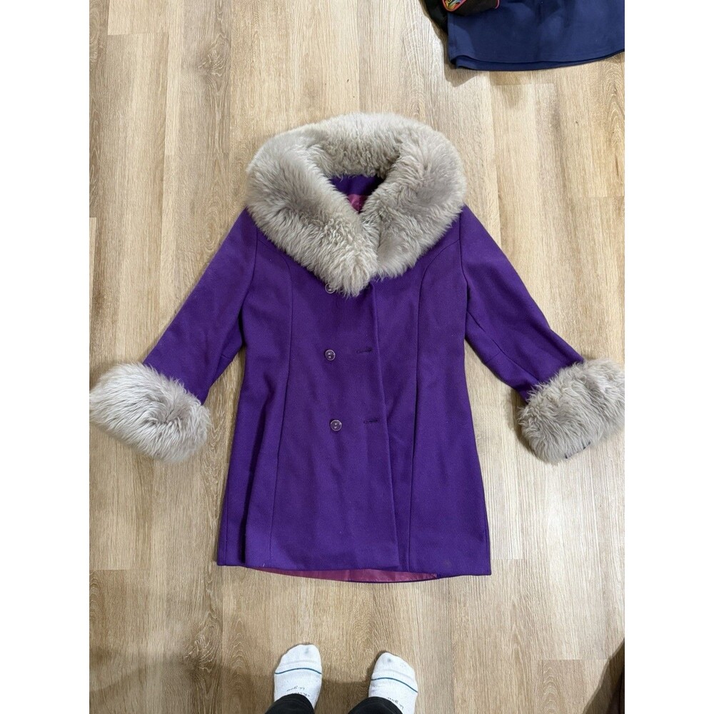 Vintage Sears Fashion Purple Faux Fur Trim Coat Retro Union Made